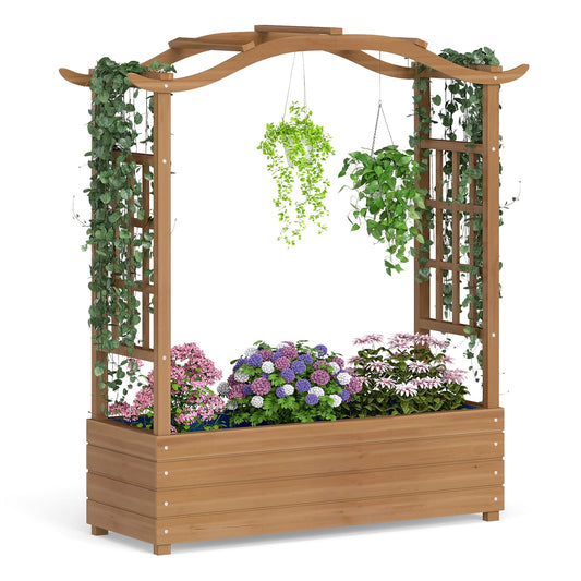 Raised Garden Bed with Trellis Solid Wood Planter with Hanging Roof-Brown