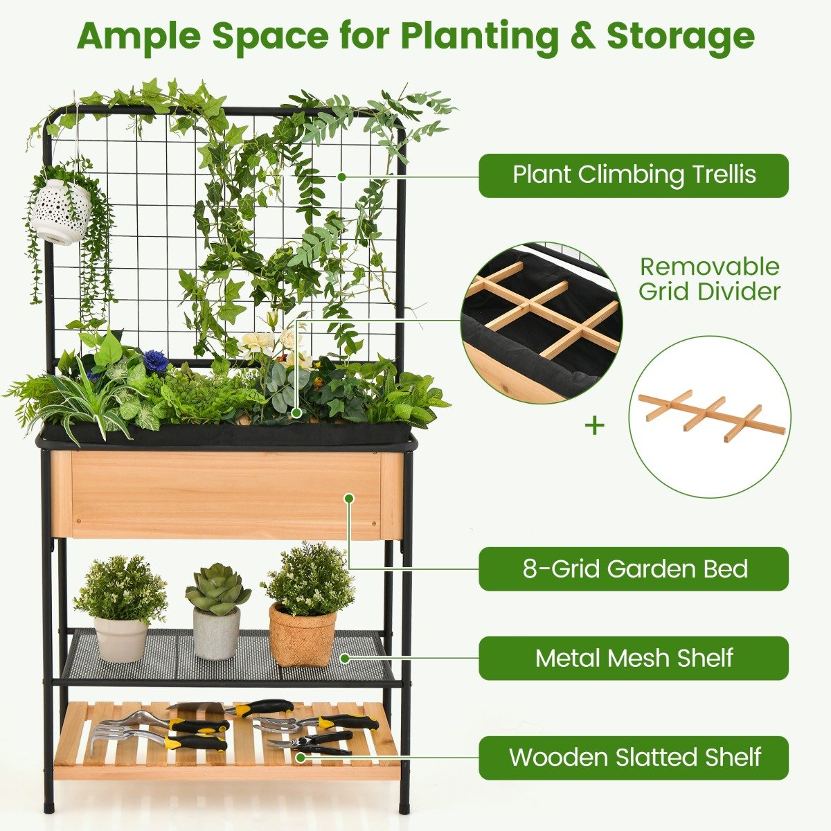 Raised Garden Bed with Trellis and 2-tier Storage Shelves-Natural