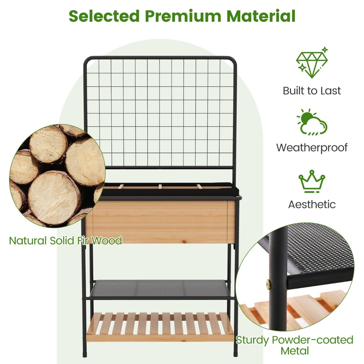 Raised Garden Bed with Trellis and 2-tier Storage Shelves-Natural