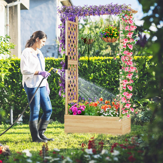 Raised Garden Bed Fir Wood Planter Box with 2-Sided Trellis and Hanging Roof-Natural