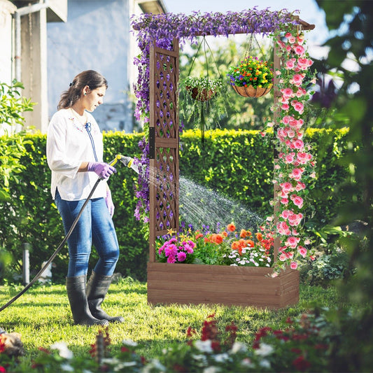 Raised Garden Bed Fir Wood Planter Box with 2-Sided Trellis and Hanging Roof-Brown