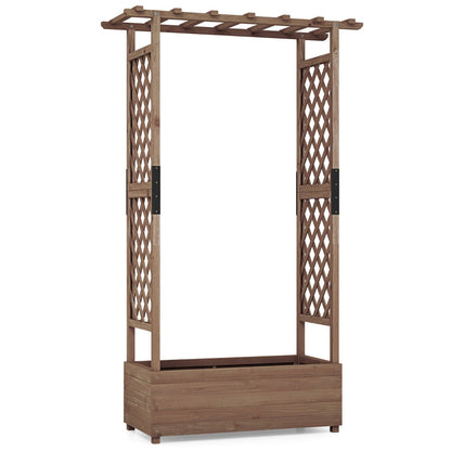 Raised Garden Bed Fir Wood Planter Box with 2-Sided Trellis and Hanging Roof-Brown