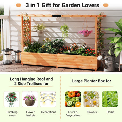 Raised Garden Bed with Side Trellis Hanging Roof and Planter Box-Orange