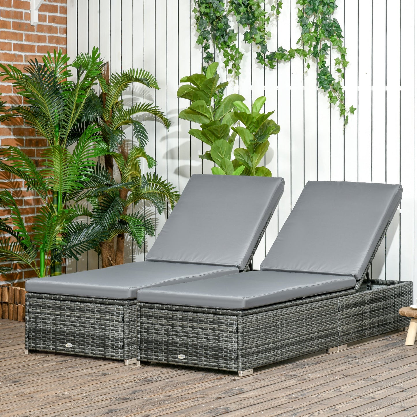 Outsunny PE Rattan Sun Loungers set of 2 with Cushion, Outdoor 2 Pieces Garden Sunbed Furniture with 5-Level Recliner Backrest, Reclining Patio Wicker Bed Chair, Grey