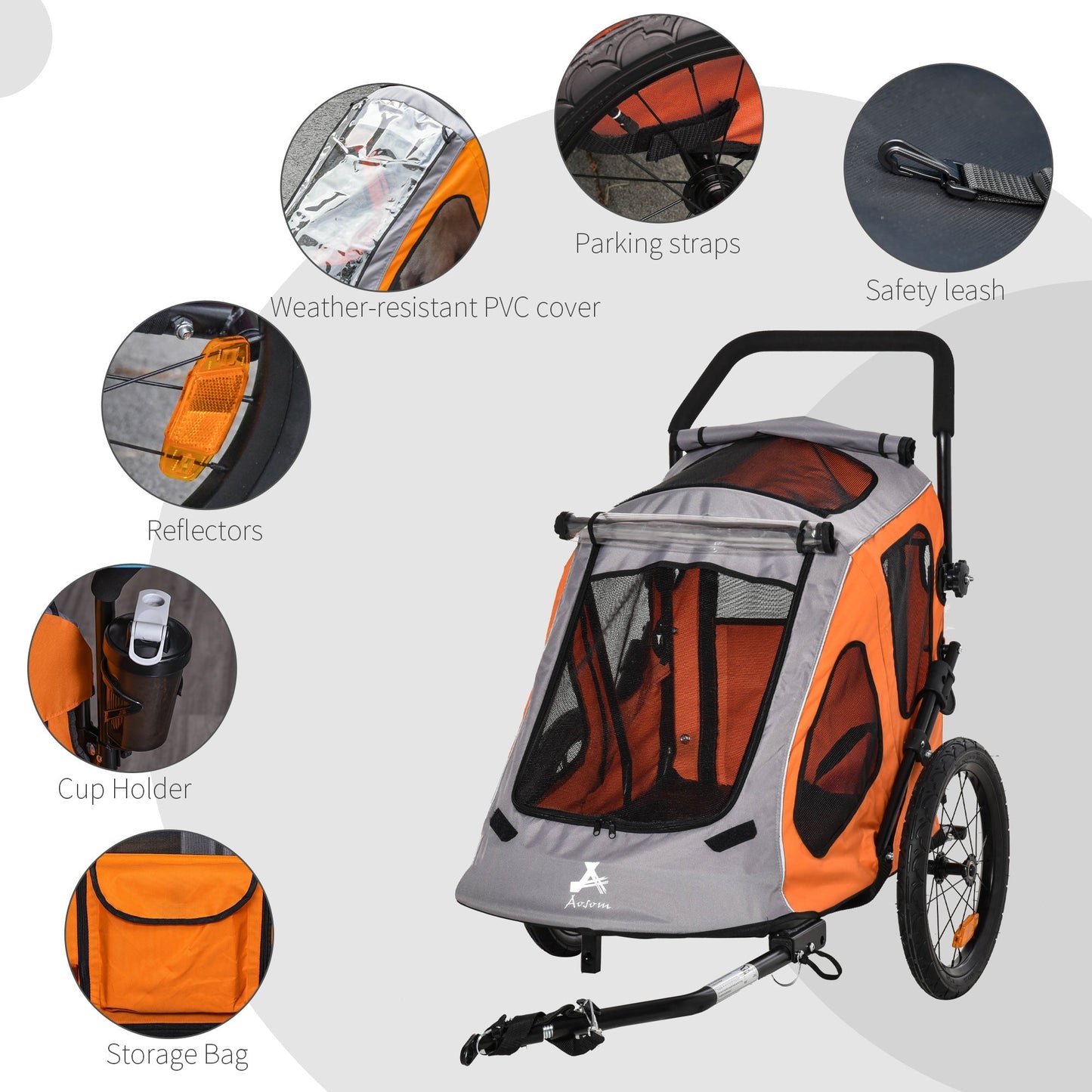 PawHut 2 IN 1 Dog Bicycle Trailer Pet Carrier Stroller 360° Rotatable Front Wheel Reflectors Parking Brake Straps Cup Holder Water Resistant Orange