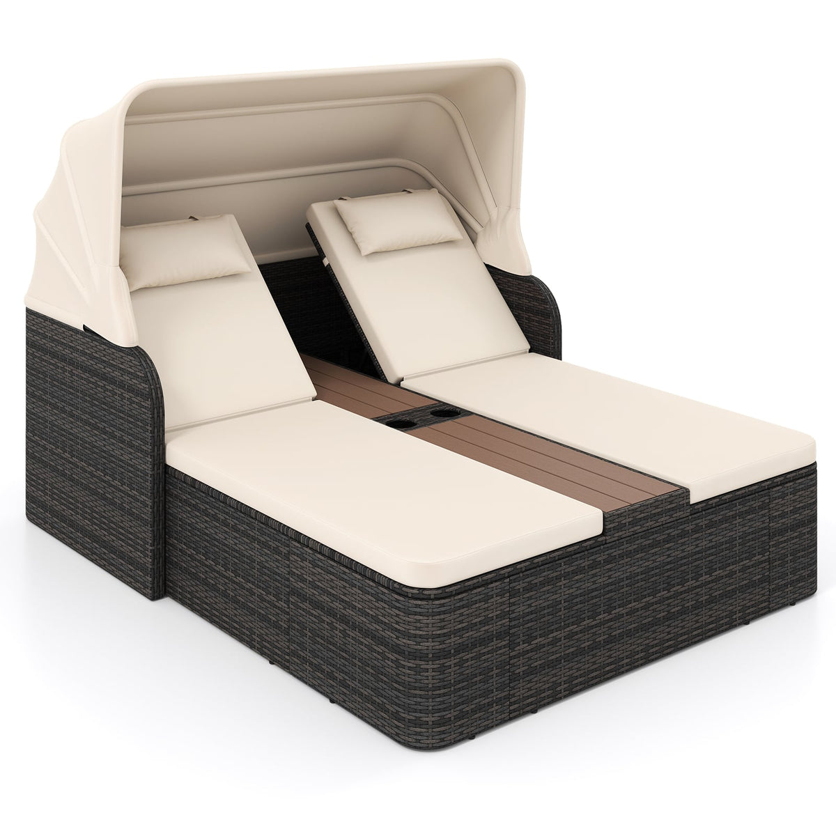 Rattan Double Daybed with Retractable Sunshade and Adjustable Backrests in Beige