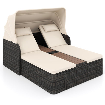 Rattan Double Daybed with Retractable Sunshade and Adjustable Backrests in Beige
