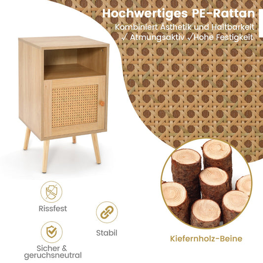 Rattan Nightstand with Storage and PE Rattan Decorated Door-Natural