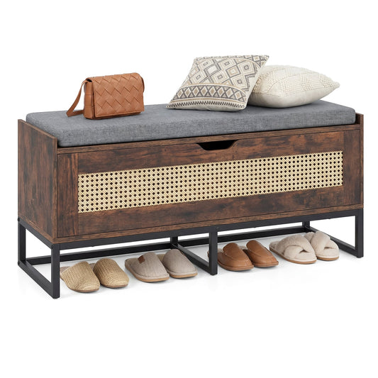 Rattan Storage Chest Wicker Shoe Bench with Padded Seat in Rustic Brown