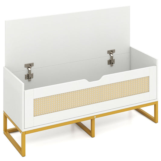 Rattan Storage Chest Wicker Shoe Bench with Padded Seat in White