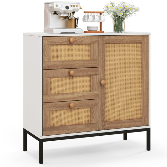 Rattan Sideboard Buffet Cabinet with 1 Door and 3 Drawers-White