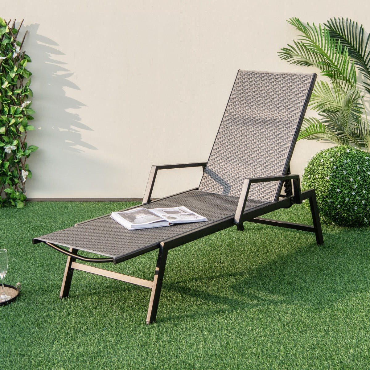 Outdoor Rattan Chaise Lounge with Armrests and 5-Position Backrest for Porch, Backyard-Brown