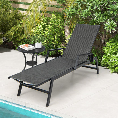 Outdoor Rattan Chaise Lounge with Armrests and 5-Position Backrest for Porch, Backyard-Brown