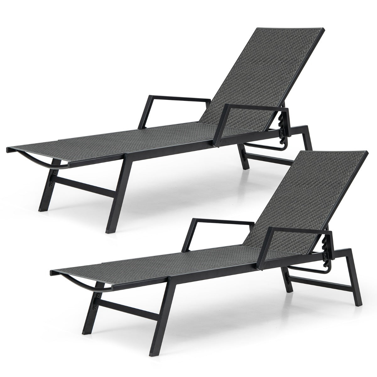 Outdoor Rattan Chaise Lounge with Armrests and 5-Position Backrest for Porch, Backyard-Brown