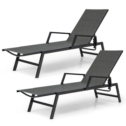 Outdoor Rattan Chaise Lounge with Armrests and 5-Position Backrest for Porch, Backyard-Brown