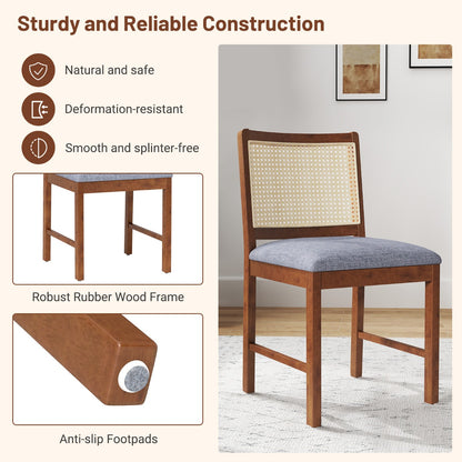 Rattan Dining Chair Set of 4 with Rubber Wood Frame and Linen Fabric Padded-Walnut