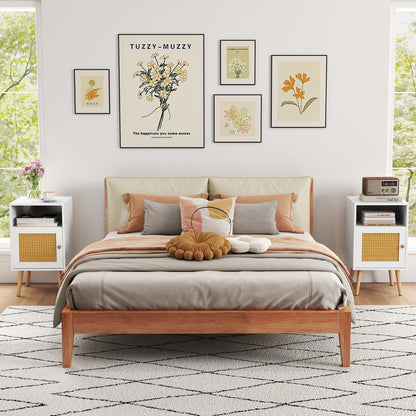 Rattan Nightstand with Storage and PE Rattan Decorated Door-White-2 Pack