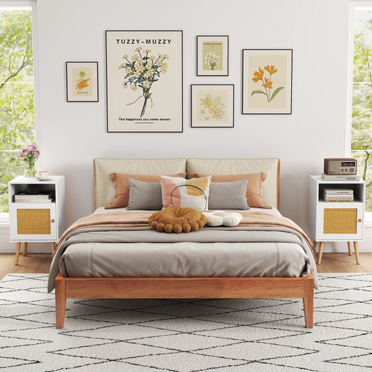 Rattan Nightstand with Storage and PE Rattan Decorated Door-White-1 Pack