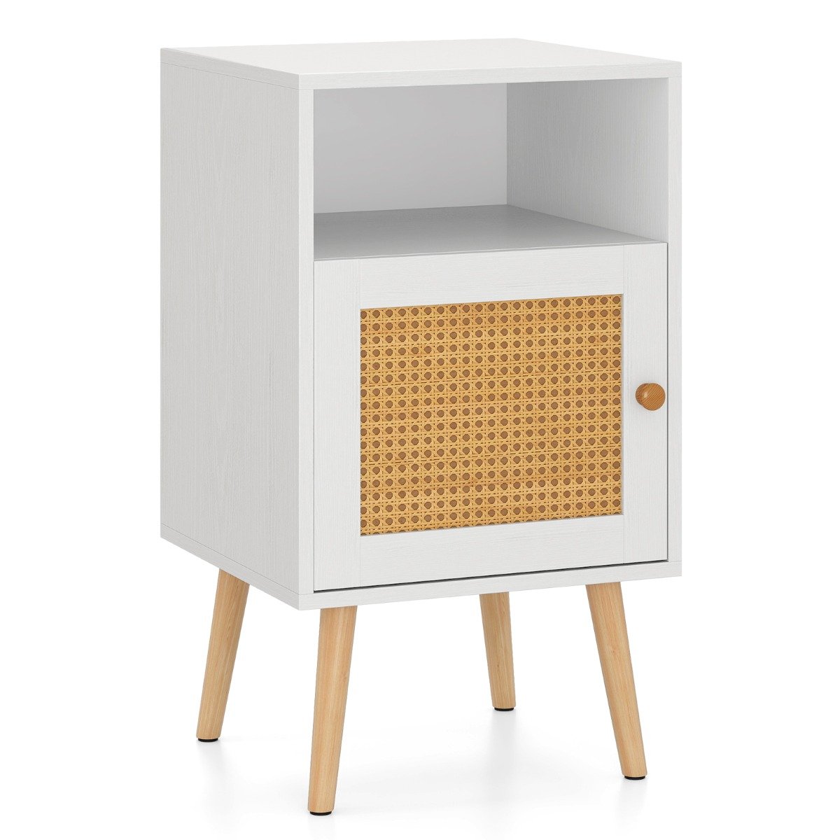 Rattan Nightstand with Storage and PE Rattan Decorated Door-White-1 Pack