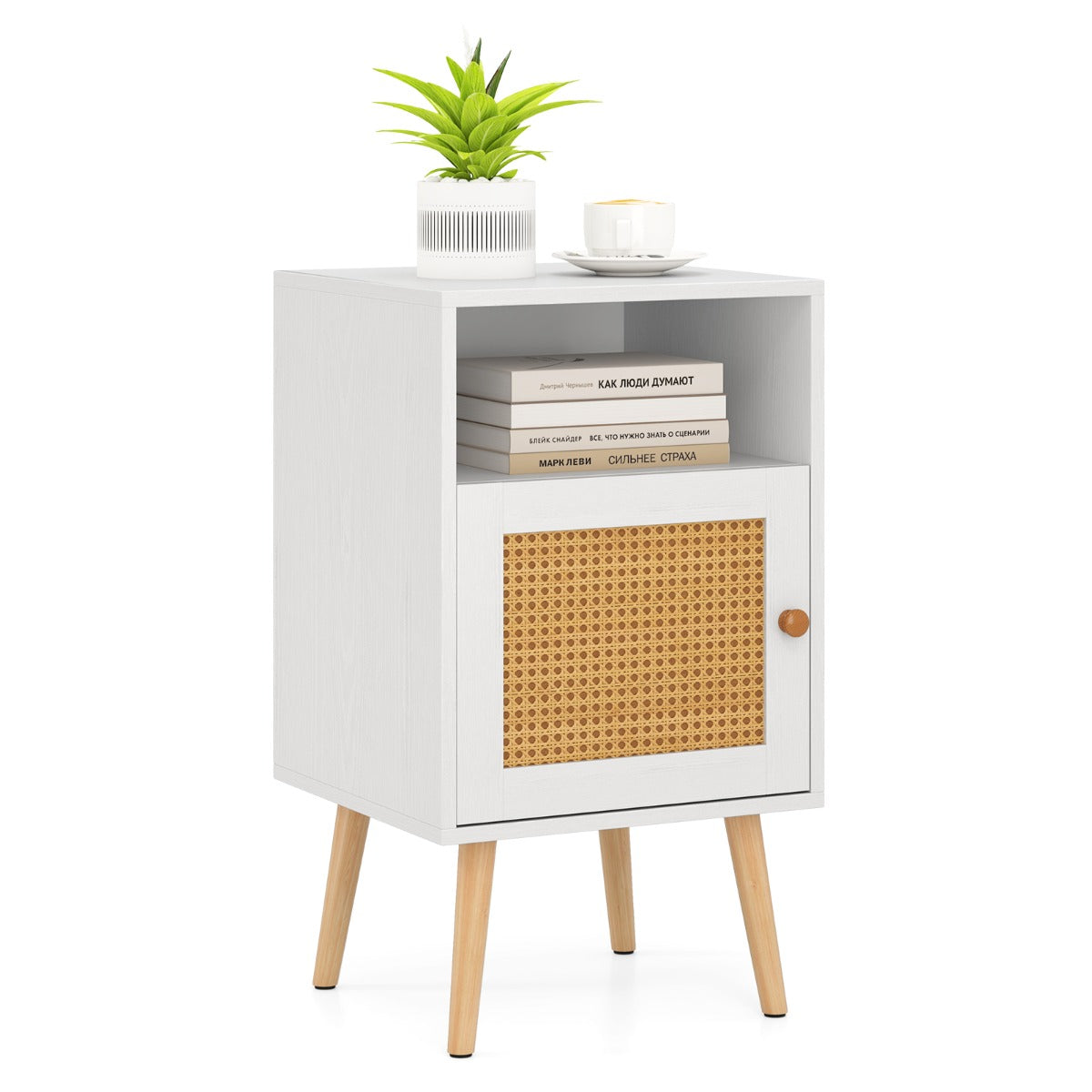 Rattan Nightstand with Storage and PE Rattan Decorated Door-White-1 Pack