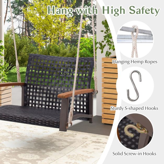 Rattan Porch Swing with Acacia Wood Armrests