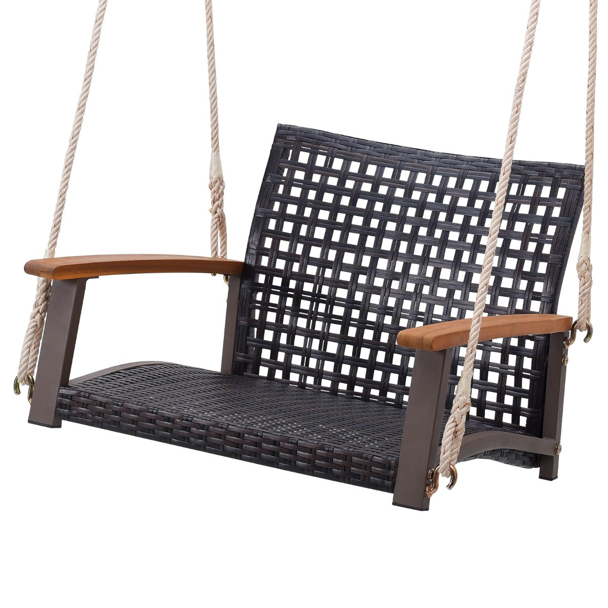 Rattan Porch Swing with Acacia Wood Armrests