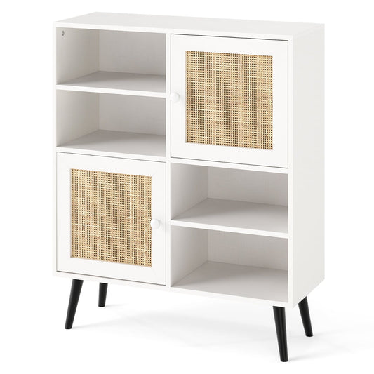Rattan Sideboard Buffet Cabinet with 4 Cubbies and 2 Rattan-decorated Doors-White