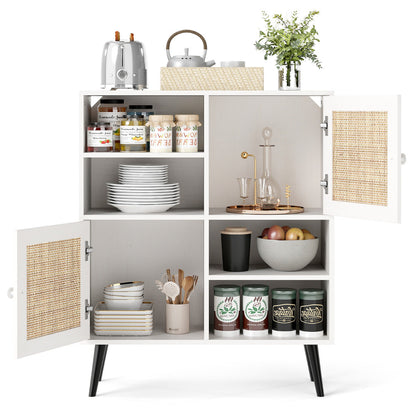 Rattan Sideboard Buffet Cabinet with 4 Cubbies and 2 Rattan-decorated Doors-White