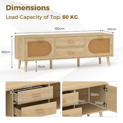 Rattan TV Stand for 65-Inch TV with Drawers and Solid Wood Legs-Natural