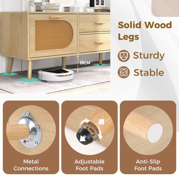 Rattan TV Stand for 65-Inch TV with Drawers and Solid Wood Legs-Natural