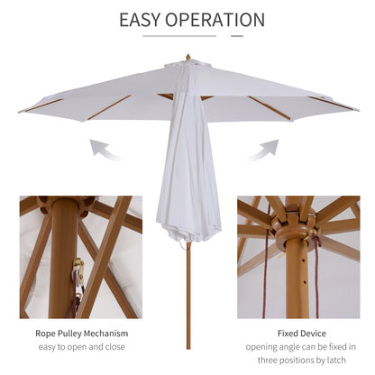 Outsunny 3(m) Fir Wooden Parasol Garden Umbrellas 8 Ribs Bamboo Sun Shade Patio Outdoor Umbrella Canopy, Cream White