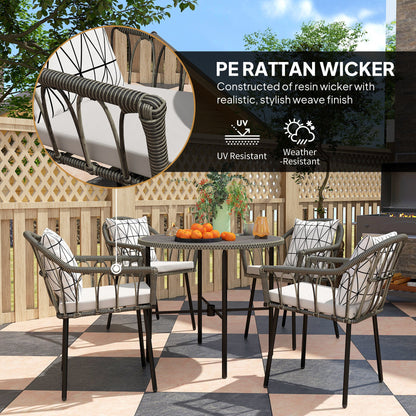 Outsunny 5-częściowy zestaw jadalny na patio z rattanu, wiklinowy stół ogrodowy i krzesła ze zdejmowanymi poduszkami na siedzisko i oparcie, okrągły blat ze szkła hartowanego, otwór na parasol, zestaw mebli ogrodowych do ogrodu zimowego, szary