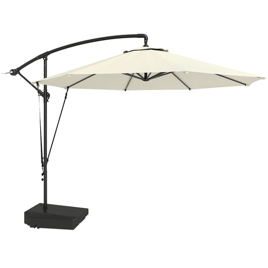 Outsunny 3(m) Parasol ogrodowy z wysięgnikiem i podstawą do napełniania do 90 kg, pasek chroniący przed wiatrem, pokrowiec, okrągły parasol wiszący typu banan z korbką i funkcją pochylania, parasol tarasowy UPF50+, kremowy