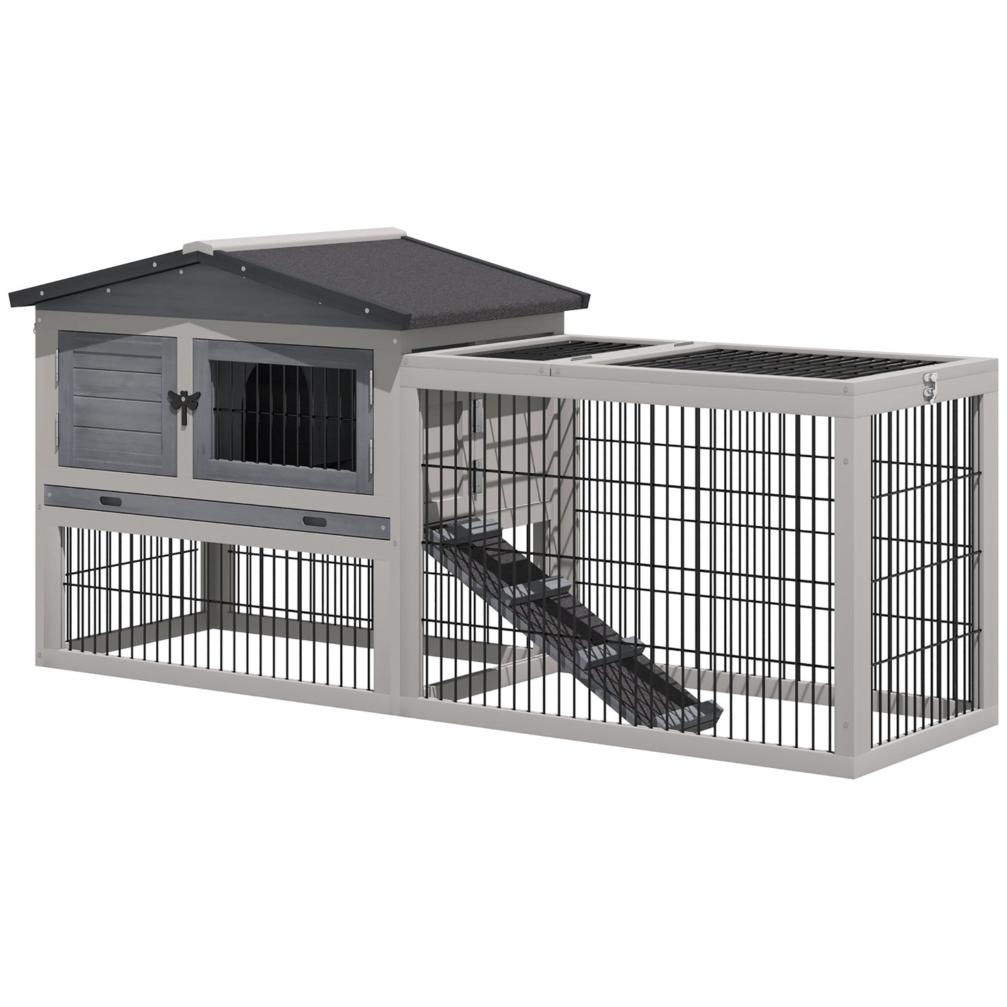 PawHut Rabbit Hutch Outdoor, Wooden Guinea Pig Hutch with Rabbit Run 2 Level Design Water Resistant Openable Roof 150 x 52.5 x 68 cm, Grey