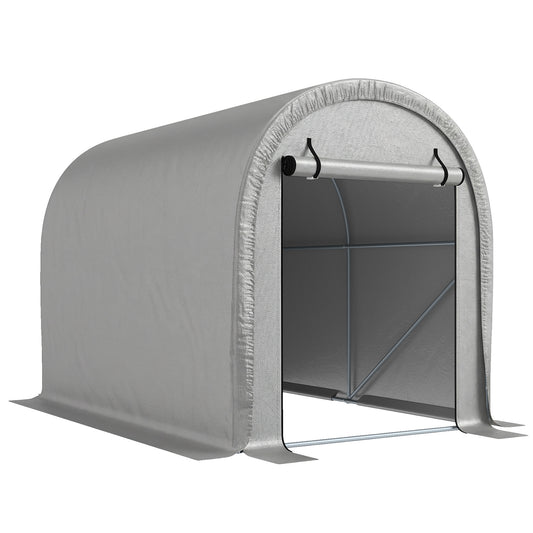Outsunny 1.6 x 2.4m Garden Storage Shed Tent, Waterproof Bike Shed with Roll-up Zipper Door, Galvanised Metal Frame, Light Grey
