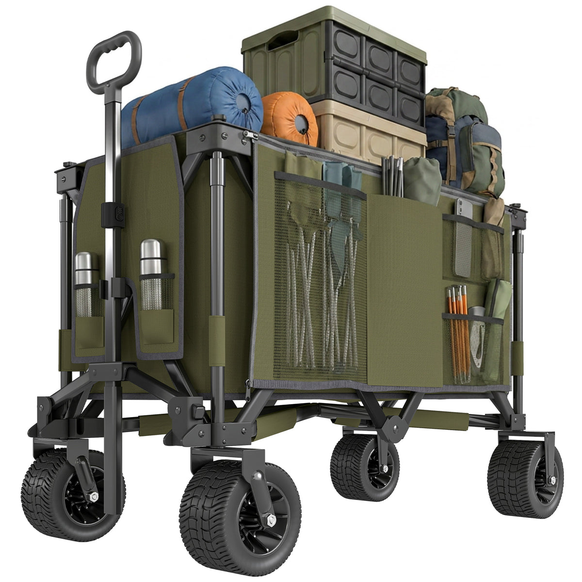 Outsunny 300L Festival Trolley on Wheels, Folding Camping Trolley Cart, Heavy Duty Collapsible Wagon Cart with Wide Wheels, Side Pockets for Outdoor Garden Picnic Beach Shopping Fishing, Green
