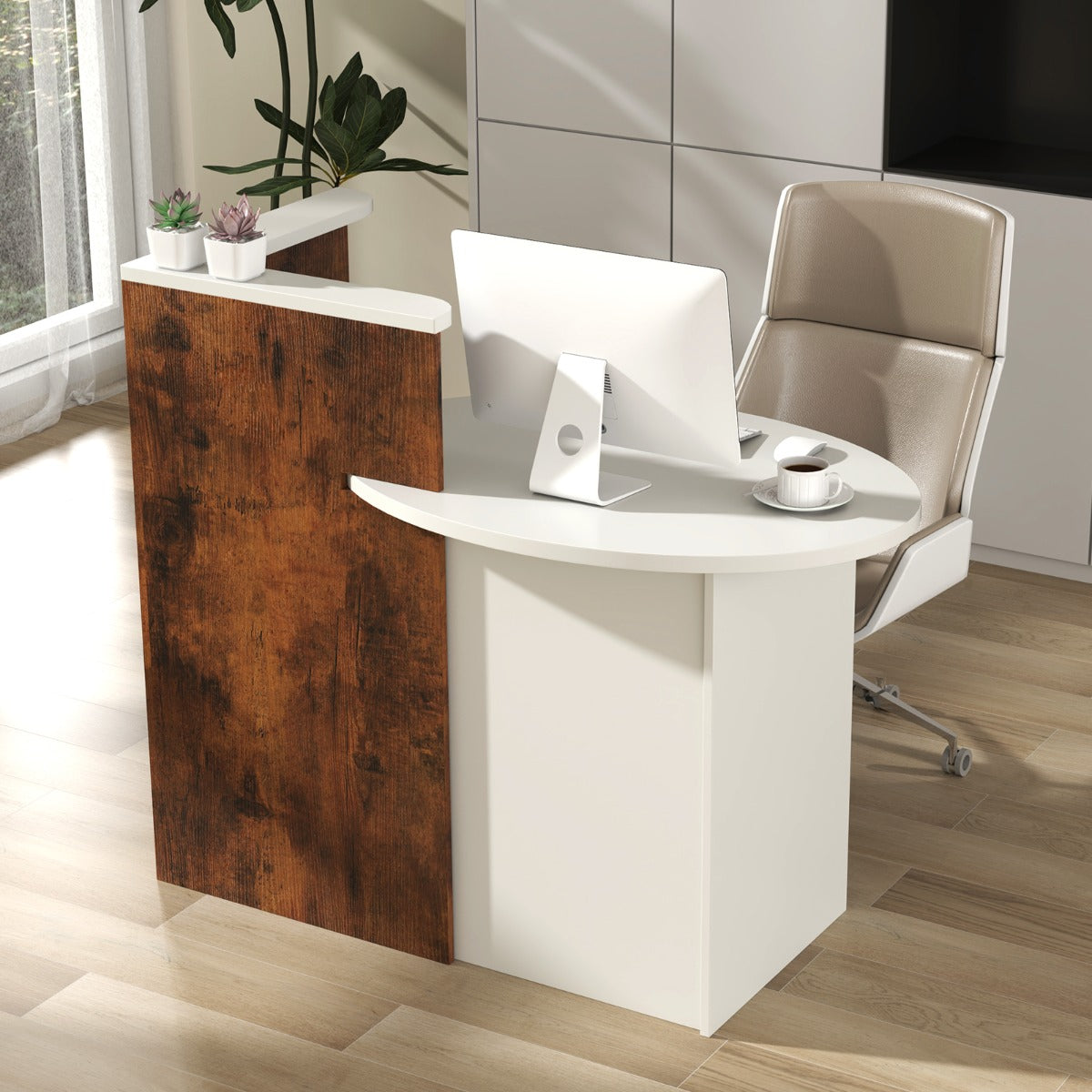 Reception Desk with Lockable Drawer and Adjustable Shelf for Office-Brown