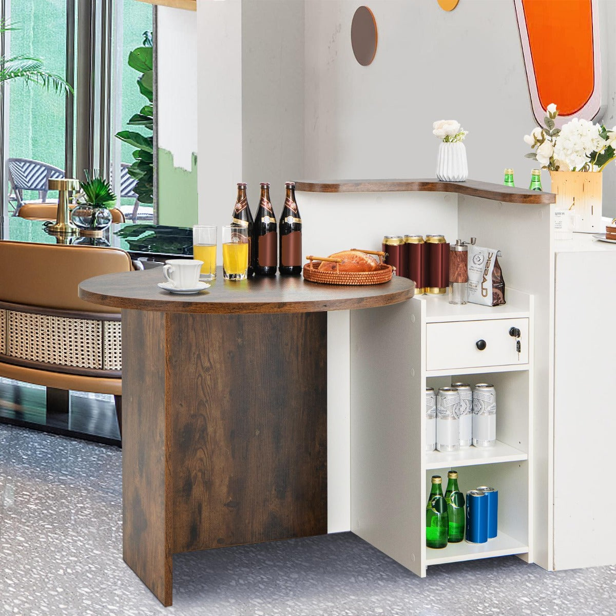 Reception Desk with Lockable Drawer and Adjustable Shelf for Office-Rustic Brown