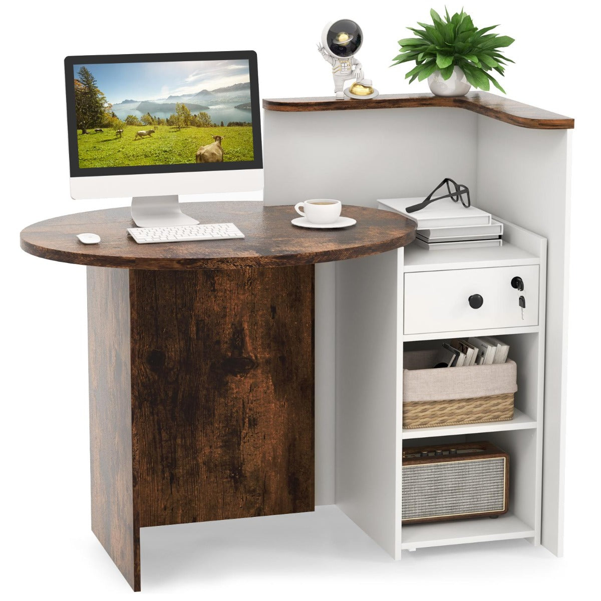 Reception Desk with Lockable Drawer and Adjustable Shelf for Office-Rustic Brown