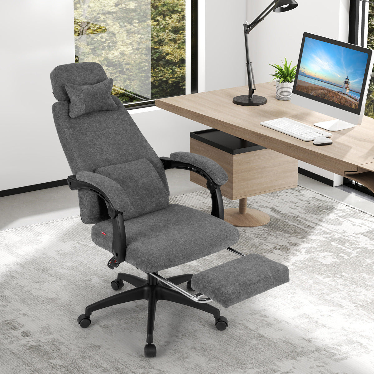 Reclining Home Office Chair Chenille Fabric Upholstered Computer Desk Chair with Padded Linkage Armrests-Grey