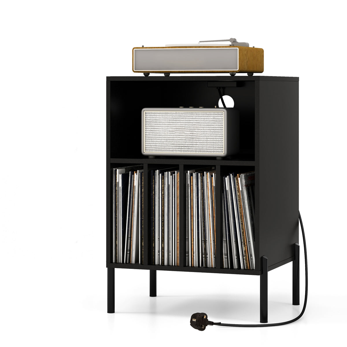 Record Player Stand Turntable Stand with Charging Station-Black