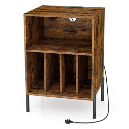 Record Player Stand with Charging Station and 5 Storage Compartments-Brown
