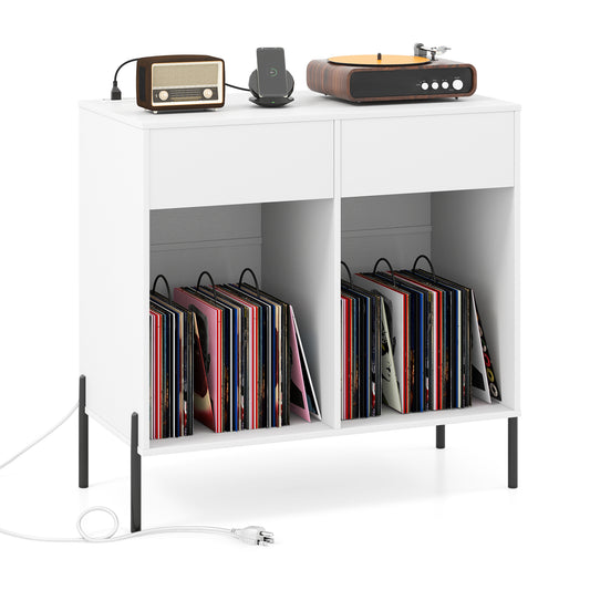 Record Player Stand with Power Outlets and Drawers for Living Room-White