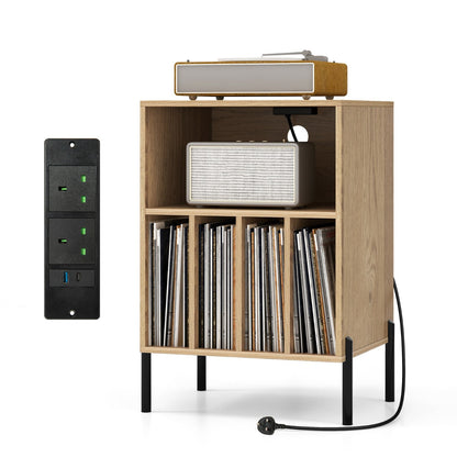 Record Player Stand with Charging Station and 5 Storage Compartments-Natural