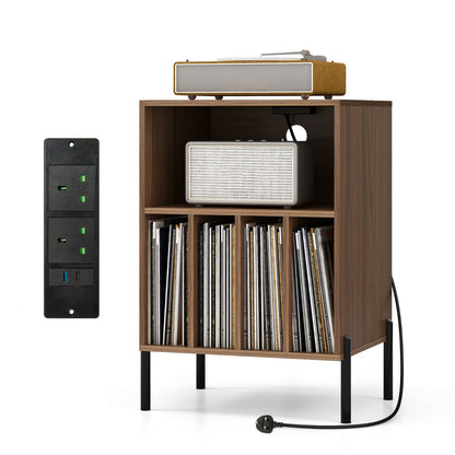 Record Player Stand with Charging Station and 5 Storage Compartments-Walnut