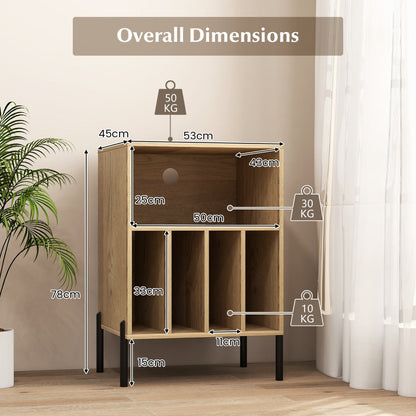 Record Player Stand with Charging Station and 5 Storage Compartments-Natural