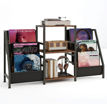 Record Player Stand with Open Shelves and 6 Storage Pockets-Brown