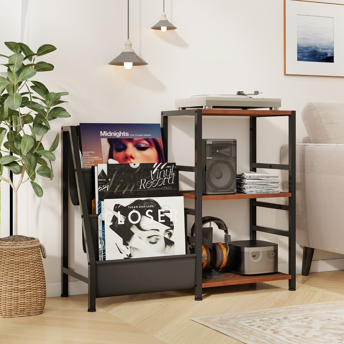 Record Player Stand with Open Shelves and 6 Storage Pockets-Brown