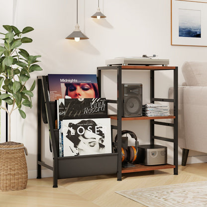 Record Player Stand with Open Shelves and 6 Storage Pockets-Brown