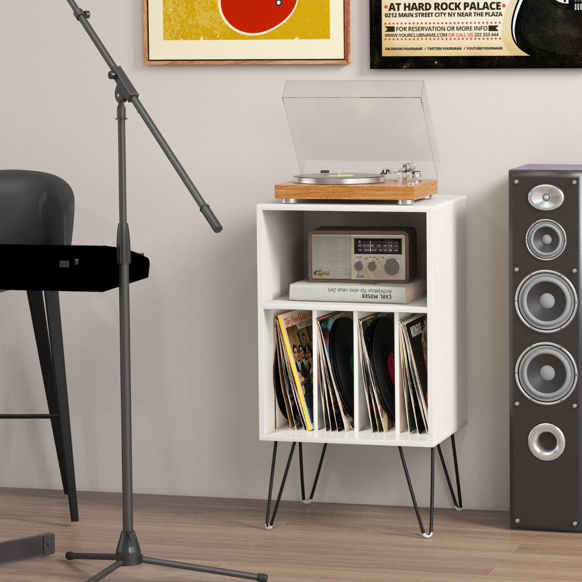 Record Player Stand 3-Tier Turntable Stand with Charging Station Vinyl Record Storage Table-White